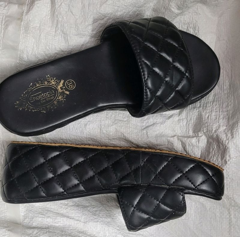 Fancy Black Women Wedges Slippers Casula Chappal  Sandal For Ladies