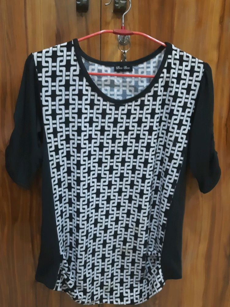Black And White A-line Cotton Blend Top