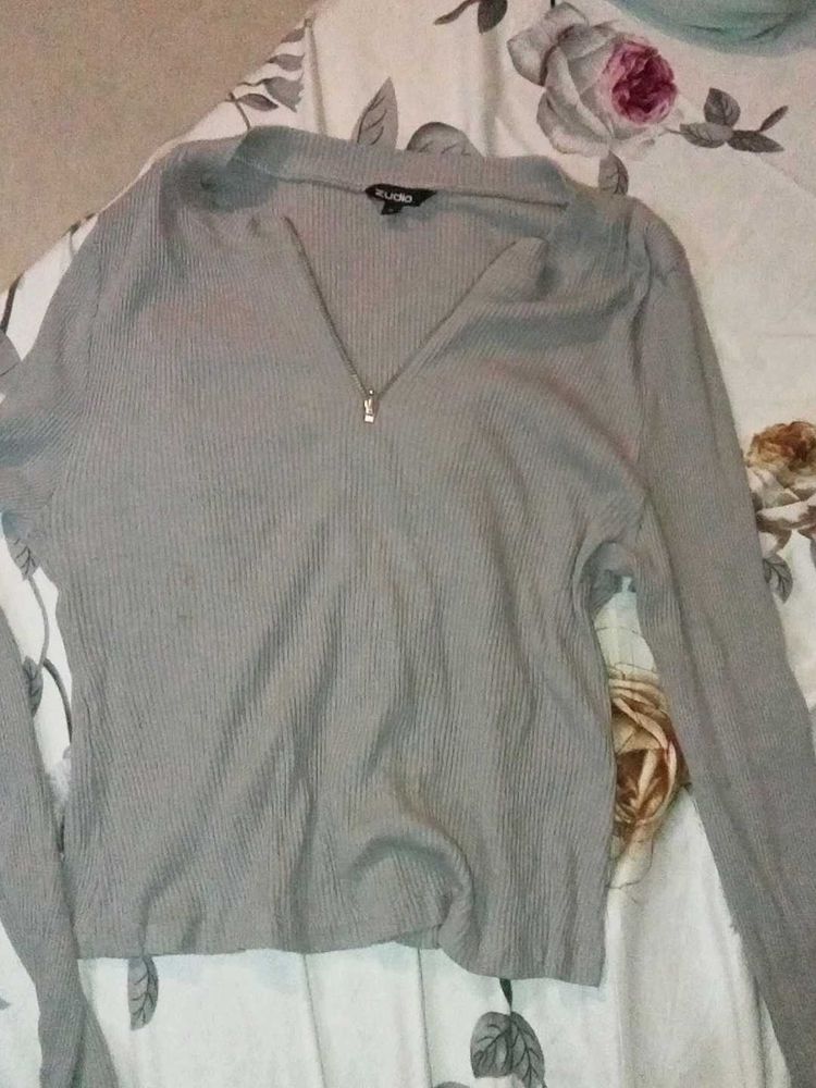 Studio Gray Ribbed Zip-Up Top