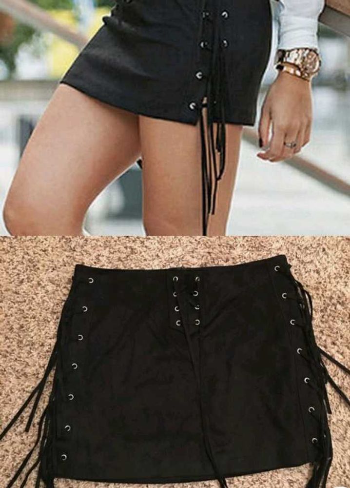 Zara Black Faux Soft Suede Laces Tassel Mini Skirt