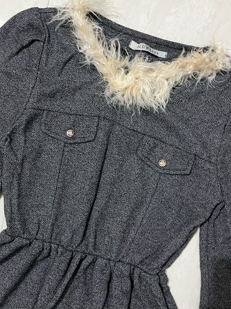 Mini Dress with Faux Fur Collar