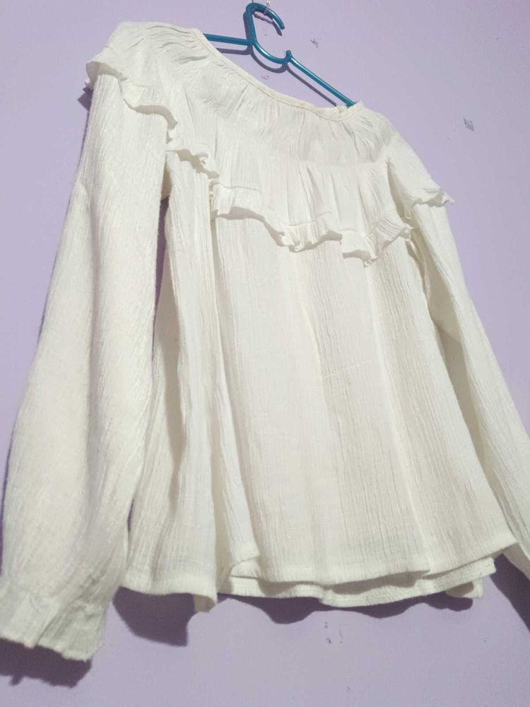 White Ruffle Long Sleeve Top