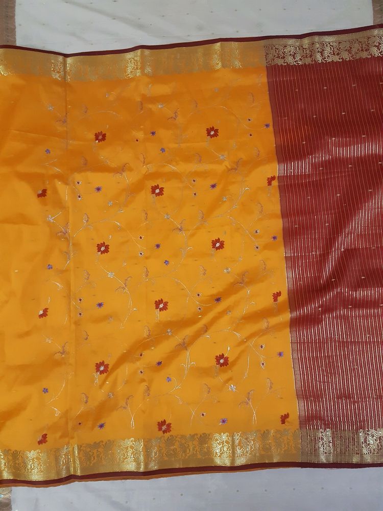 New smooth Silk saree turmeric yellow- maroon