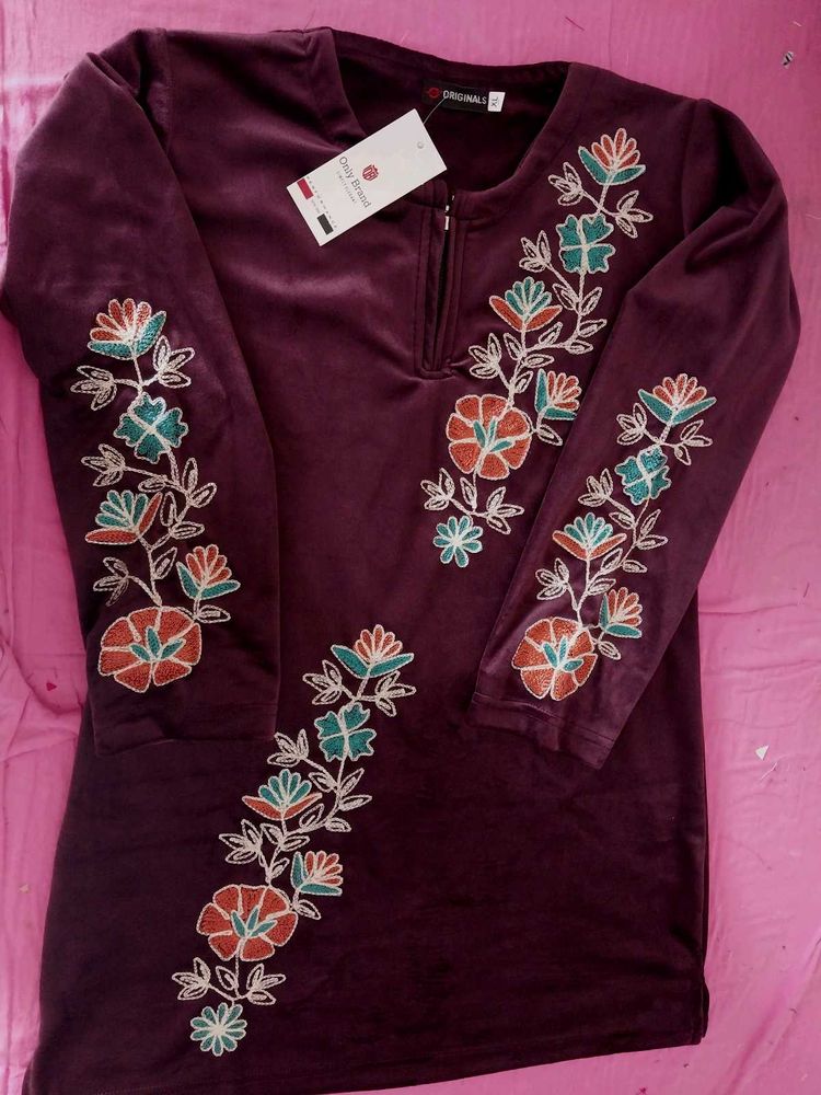 Elegant Embroidered Velvet Tunic Top