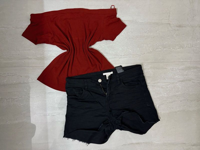 Rust off shoulder top with black h&amp;m shorts