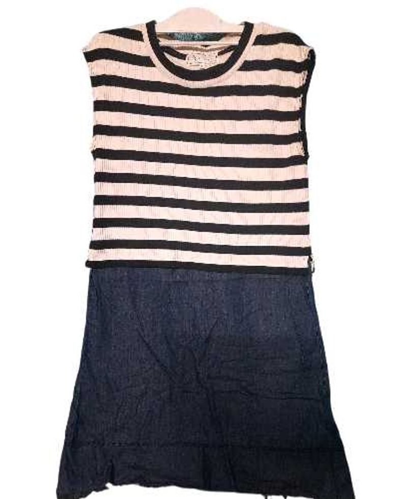 Denim Dress With Black And White Stripes