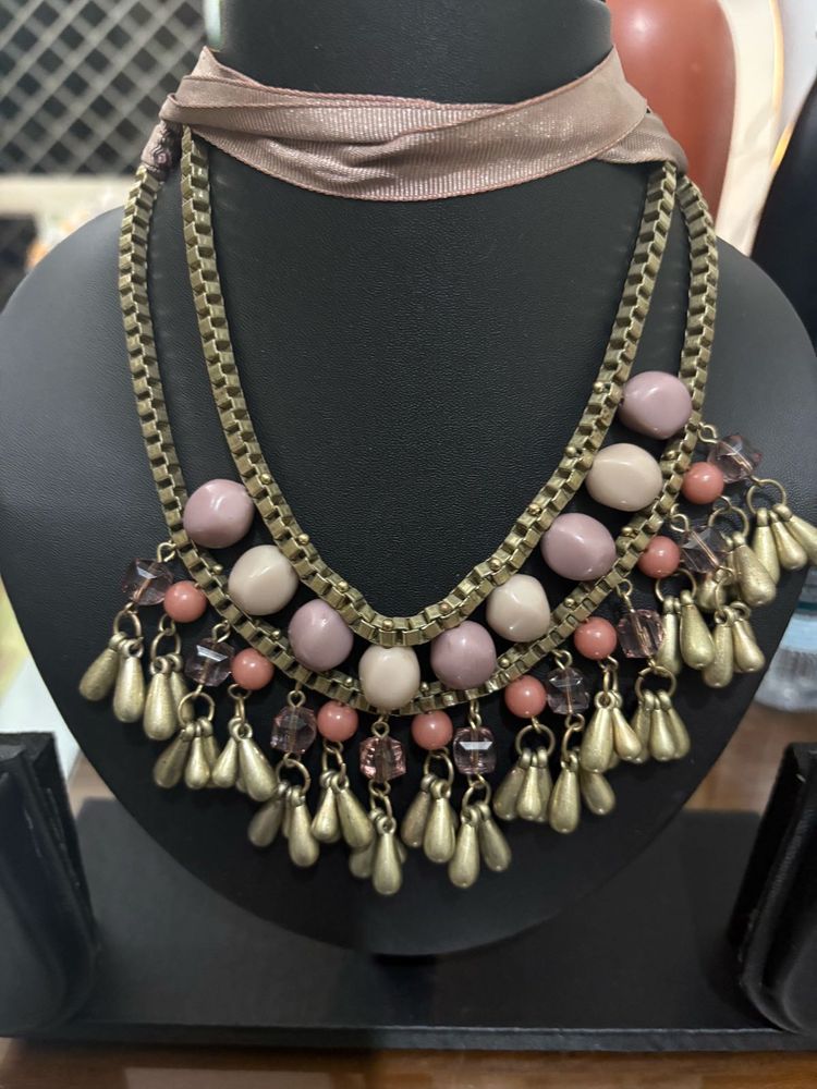 Pink Beaded &amp; Ribbon Necklace