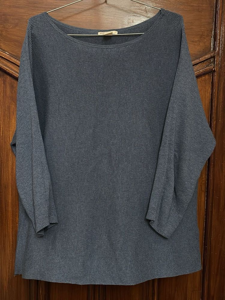 Blue Dolman Sleeve Ribbed Knit Top