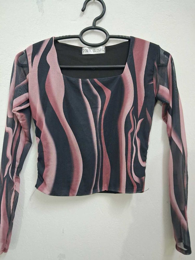 Zara Abstract Print Mesh Top