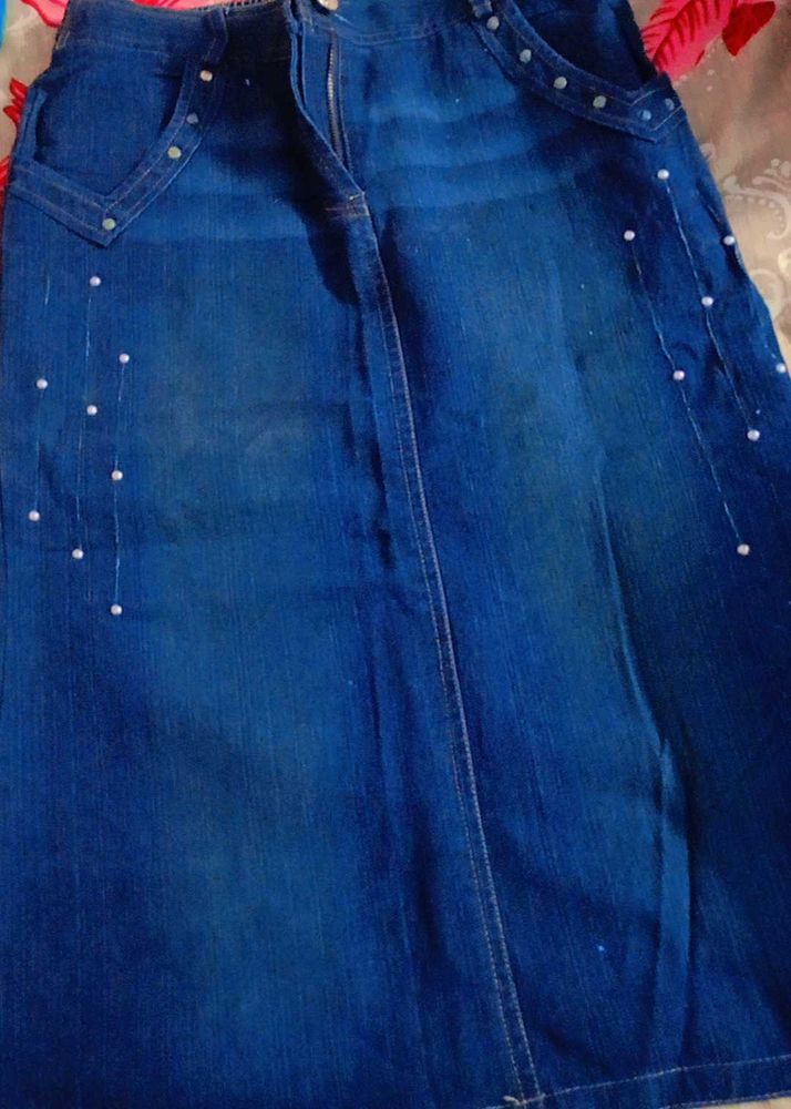 Denim Skirt with Pearl Detail