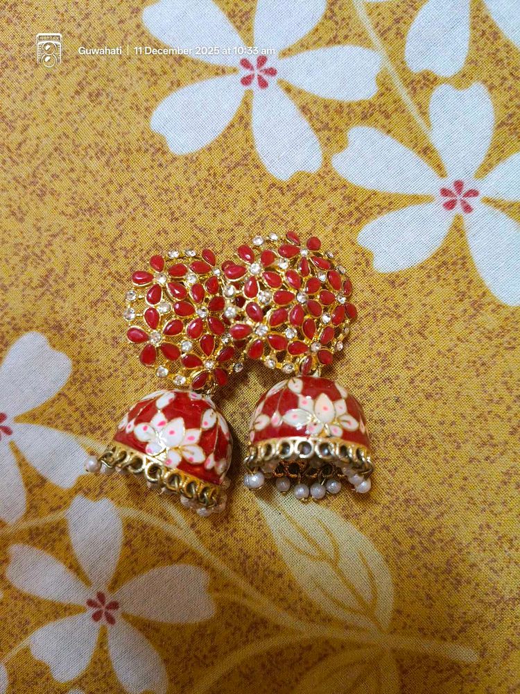 Red Floral Jhumka Earrings