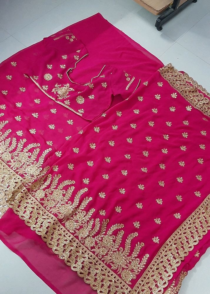 Rani Pink Saree Stitched Blouse With Petticoat