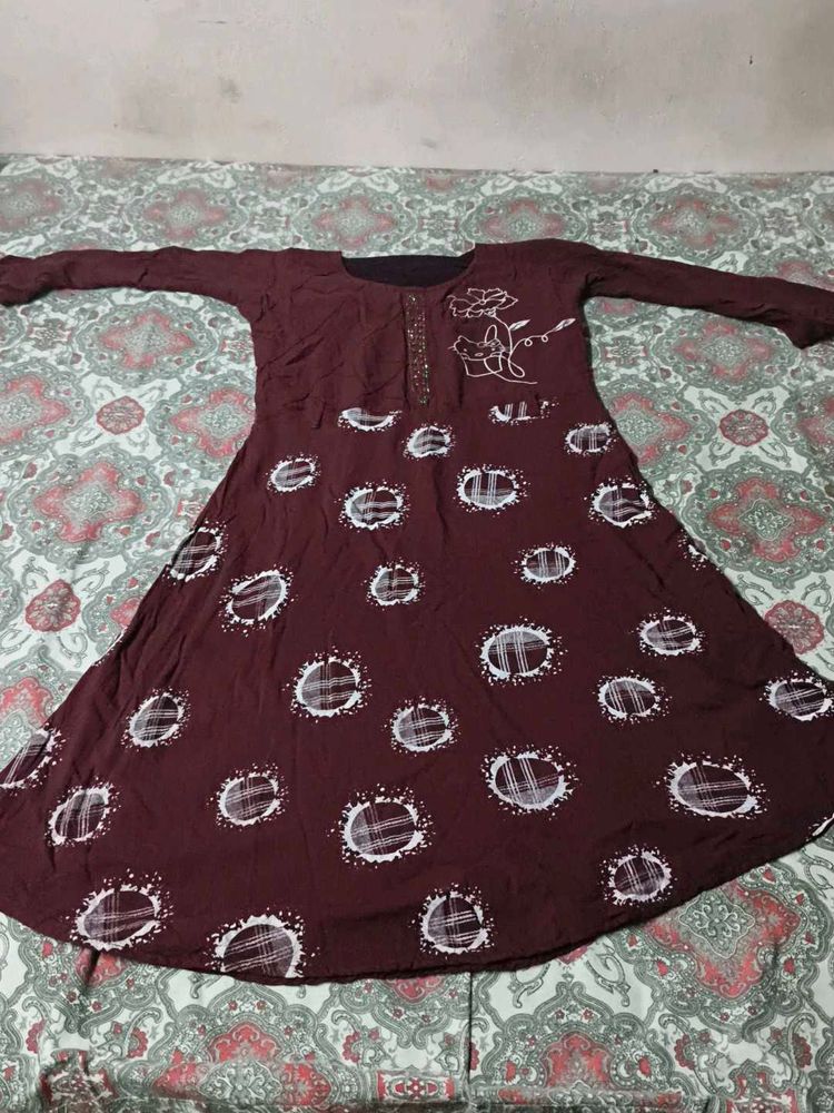 Maroon Printed Long Sleeve Dress