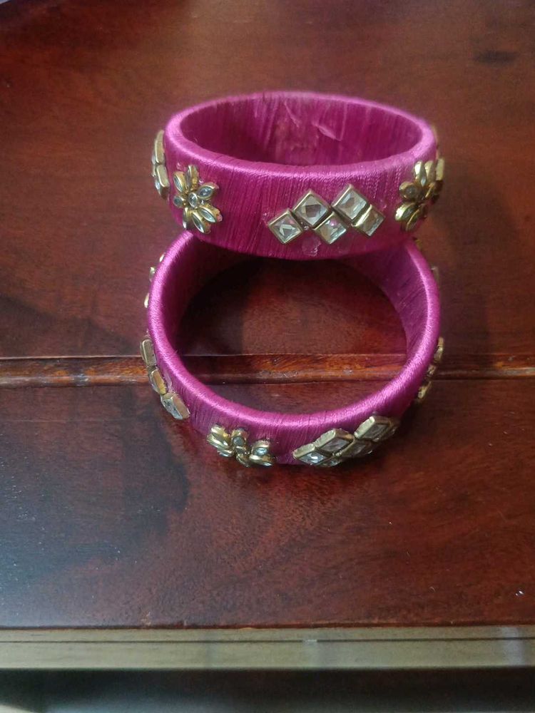 Elegant Pink Silk Thread Bangles with Kundan