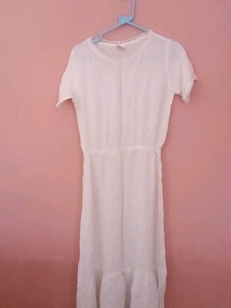 White Midi Dress with Pom-Pom Trim
