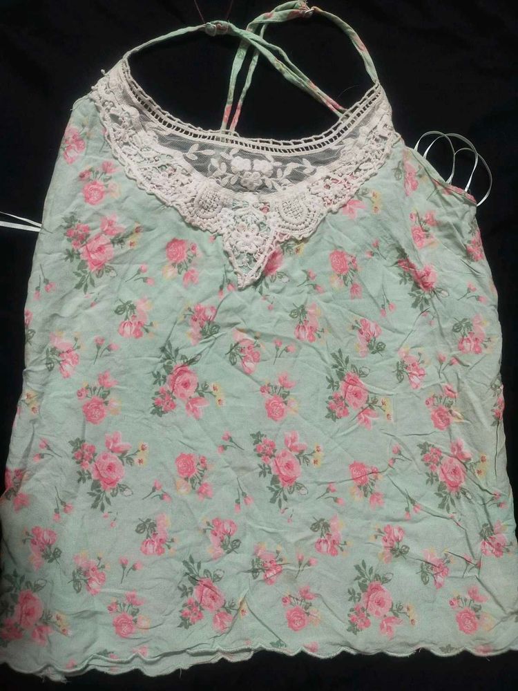 Floral Lace Trim Halter Top