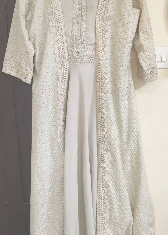 Beige Dress With Embroidered Jacket Maxi Suit