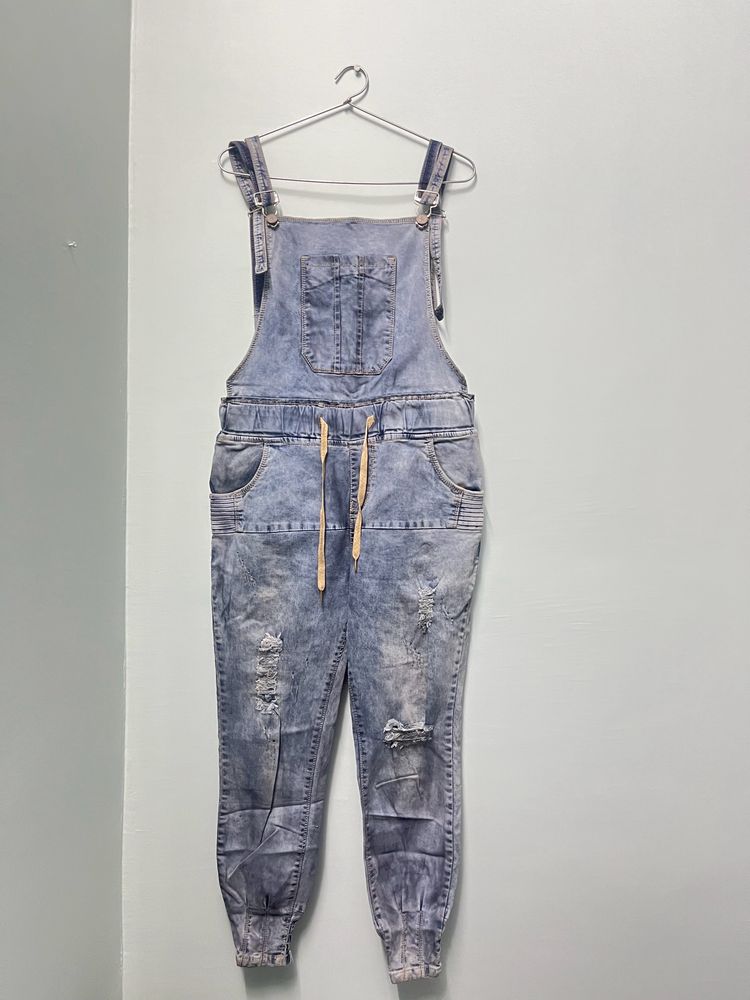 Blue Flared And Rugged Dungaree