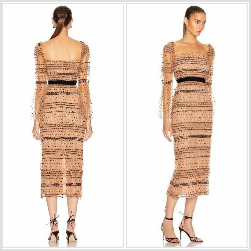 Nude Polka Dot &amp; Striped Mesh Dress