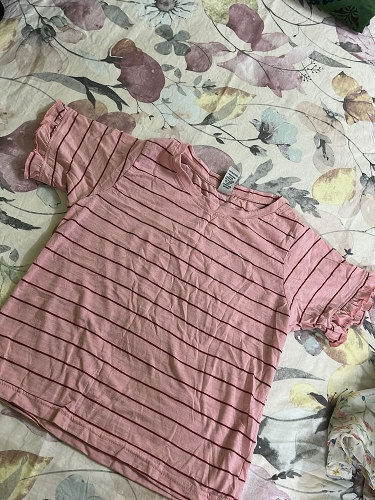 Pink Striped Ruffle Sleeve Top