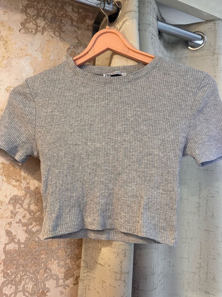Zara Basic Ribbed Grey Crop Top, Bust-34/32