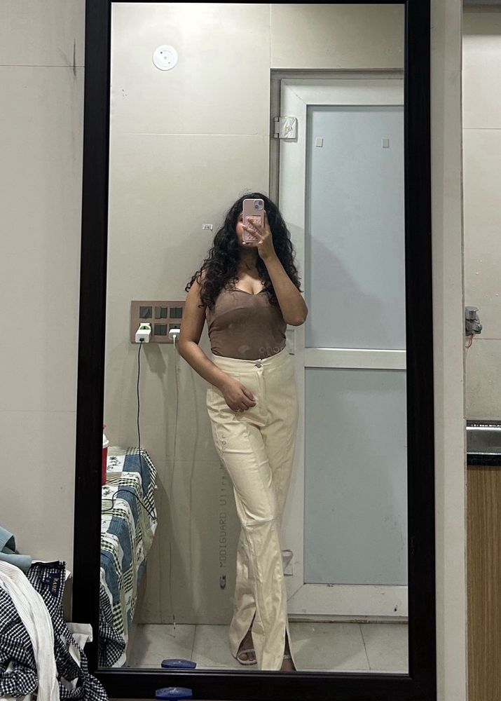 Leather Beige Straight Cutout Pant