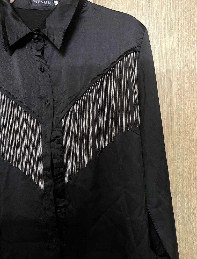 Glamorous Black Fringe Detail Button-Up Shirt