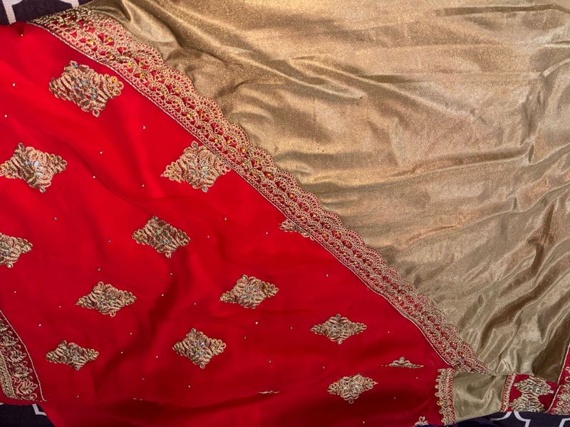 Elegant Red &amp; Gold Saree with stitched blouse