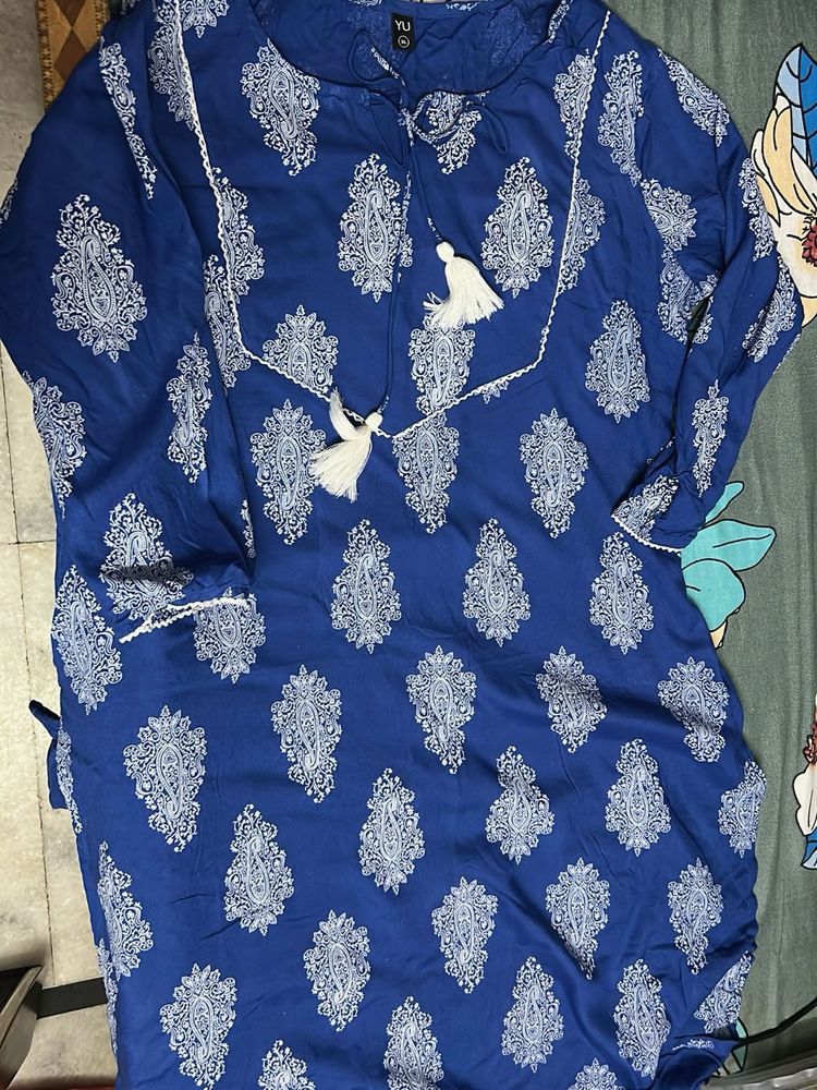 Blue Printed Kurta with Tassels