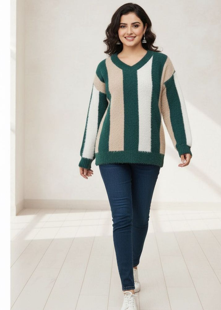Striped Fuzzy V-Neck Sweater
