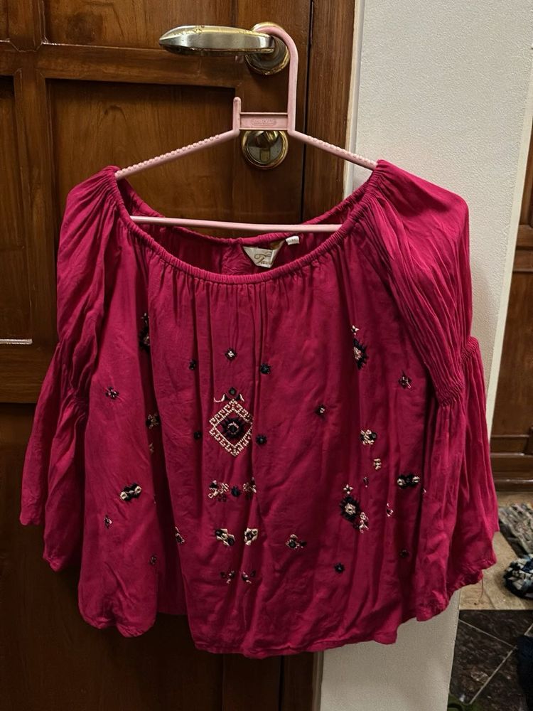 Pink Embroidered Off-Shoulder Top