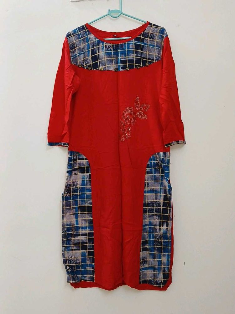 Red &amp; Blue Patterned Kurta