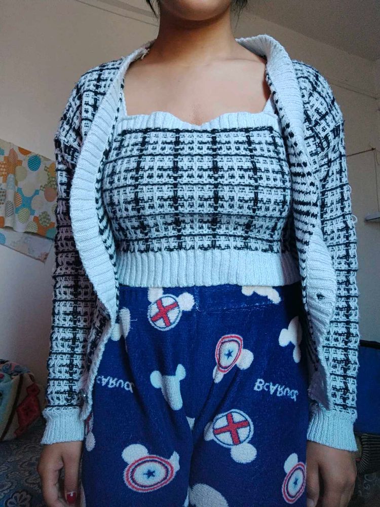 Woolen Women Cardigan + Crop Top