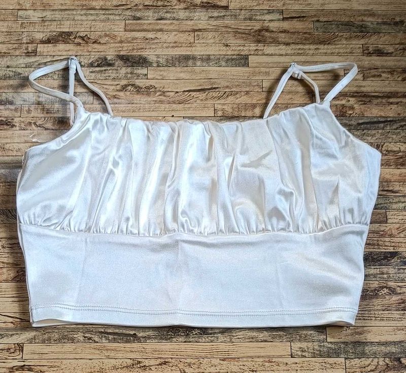 White Satin Ruched Crop Top