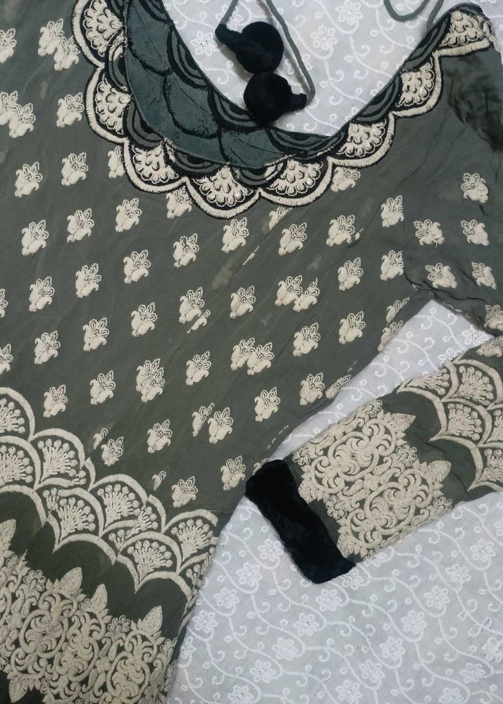 Elegant Black &amp; Grey Embroidered Anarkali Dress