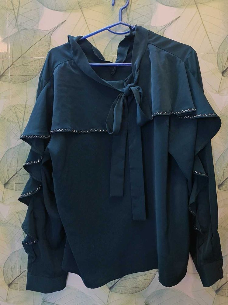 Ruffled Sleeve Tie-Neck Top