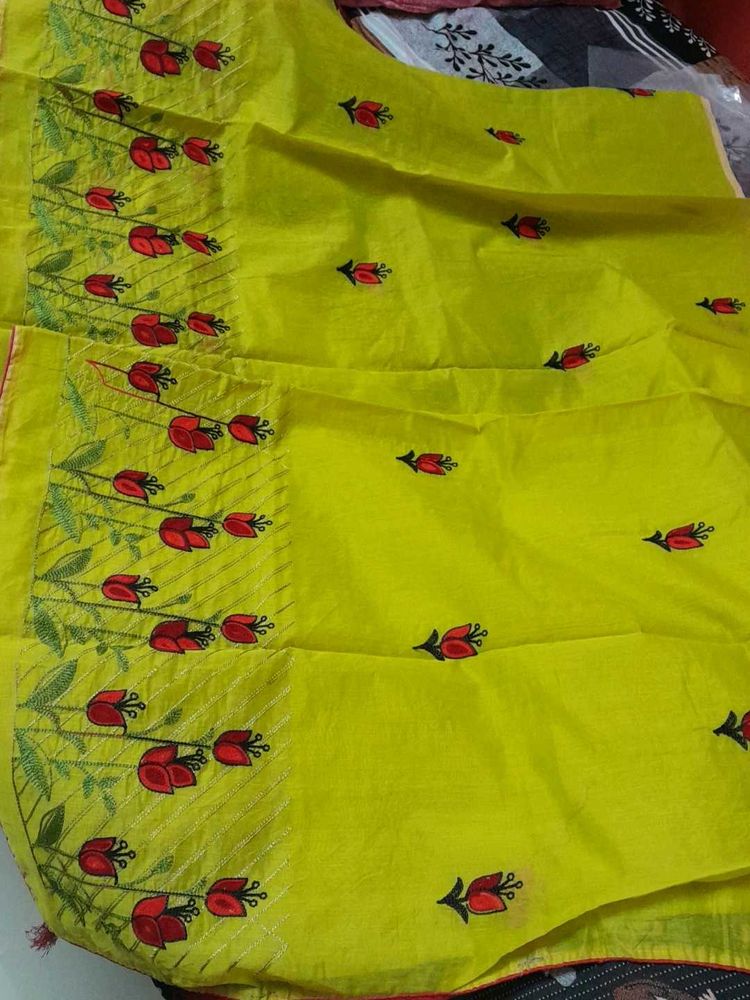 lime green embroidery saree