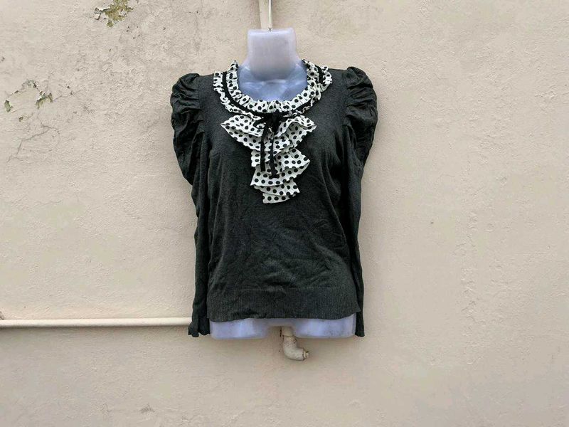 Gray Top with Polka Dot Ruffle