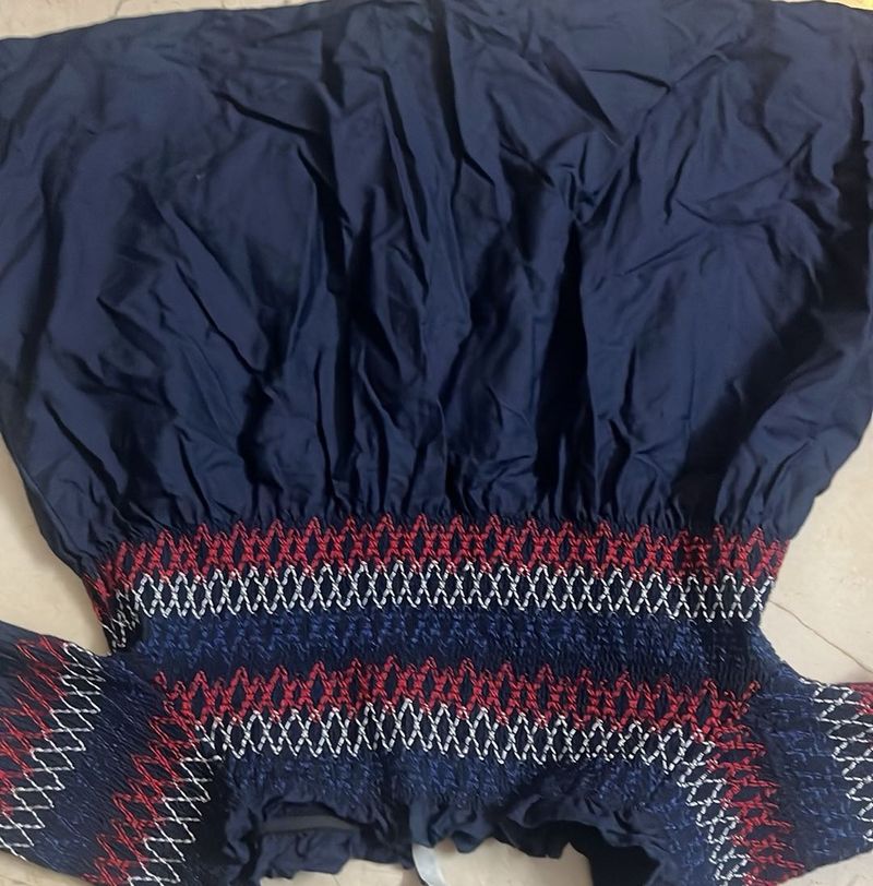 Off shoulder navy Embroidered Smocked Top