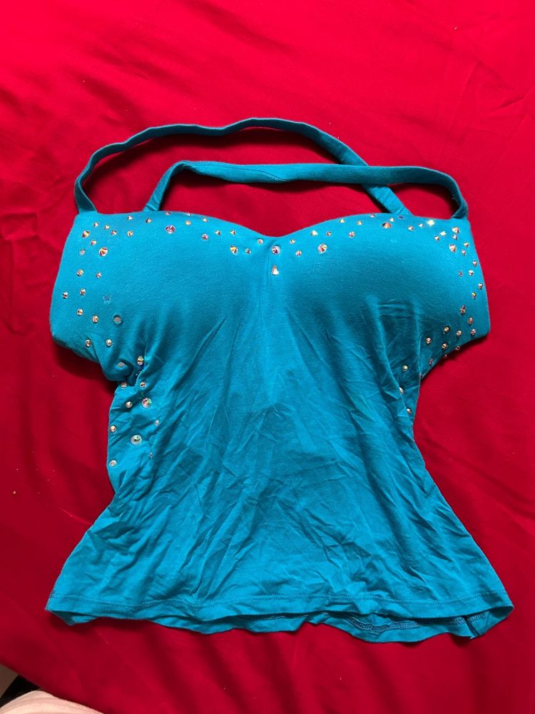 Teal Embellished Halter Top