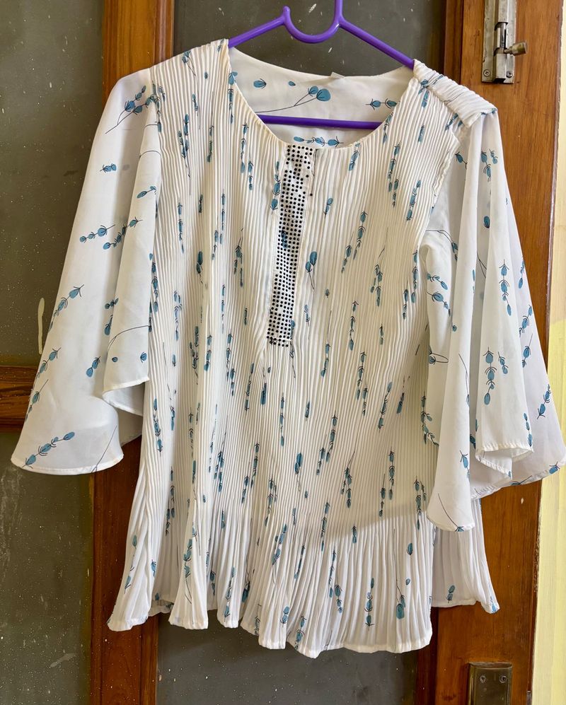 White Floral Top with flowy sleeves