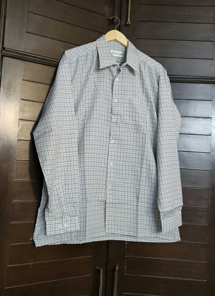 Men Checked Poly Viscose Off White Shirt