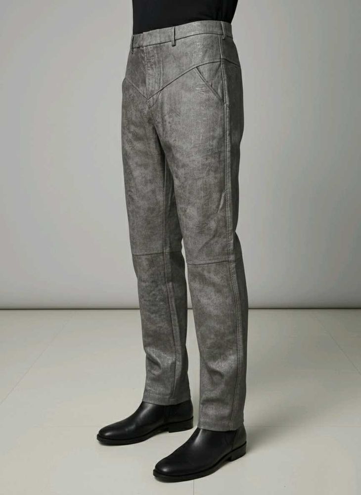 Gray Leather Textured Mens Portugese Pants