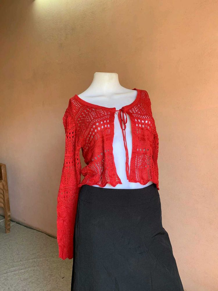 Red Crochet Knit Cardigan