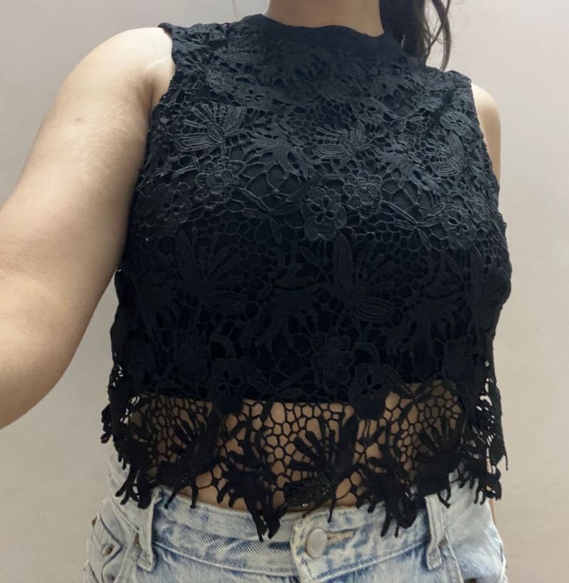 Black Lace Mock Neck Top