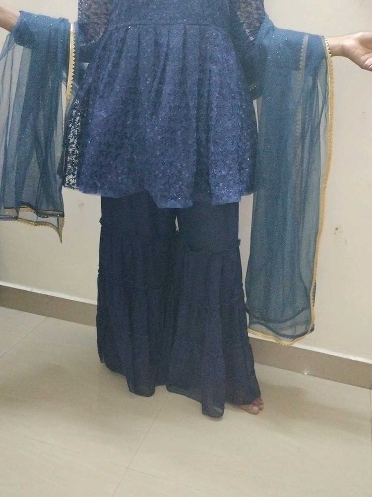 Blue Sequin Sharara Suit
