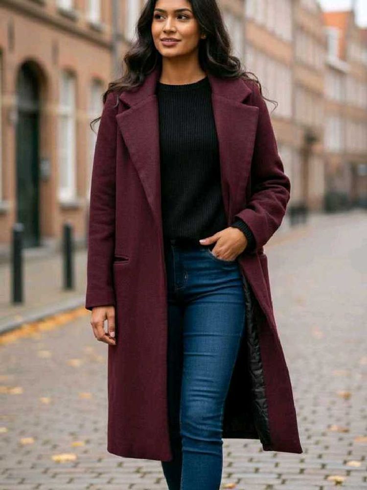 Burgundy heavy woolen knee length coat
