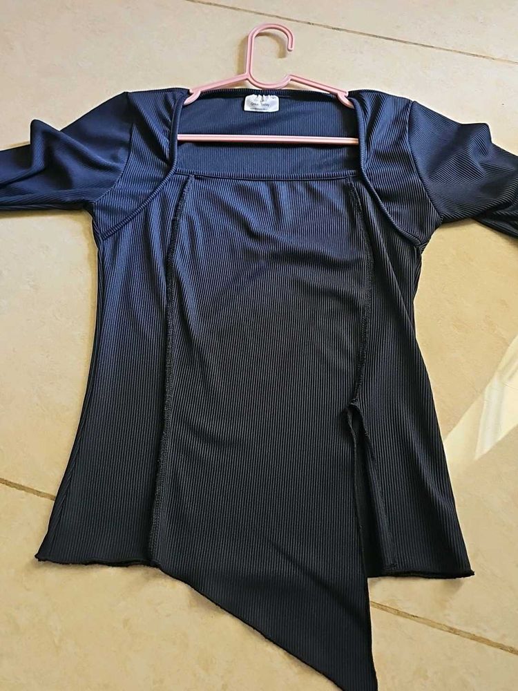 Unique Navy Blue Asymmetrical Long Sleeve Top