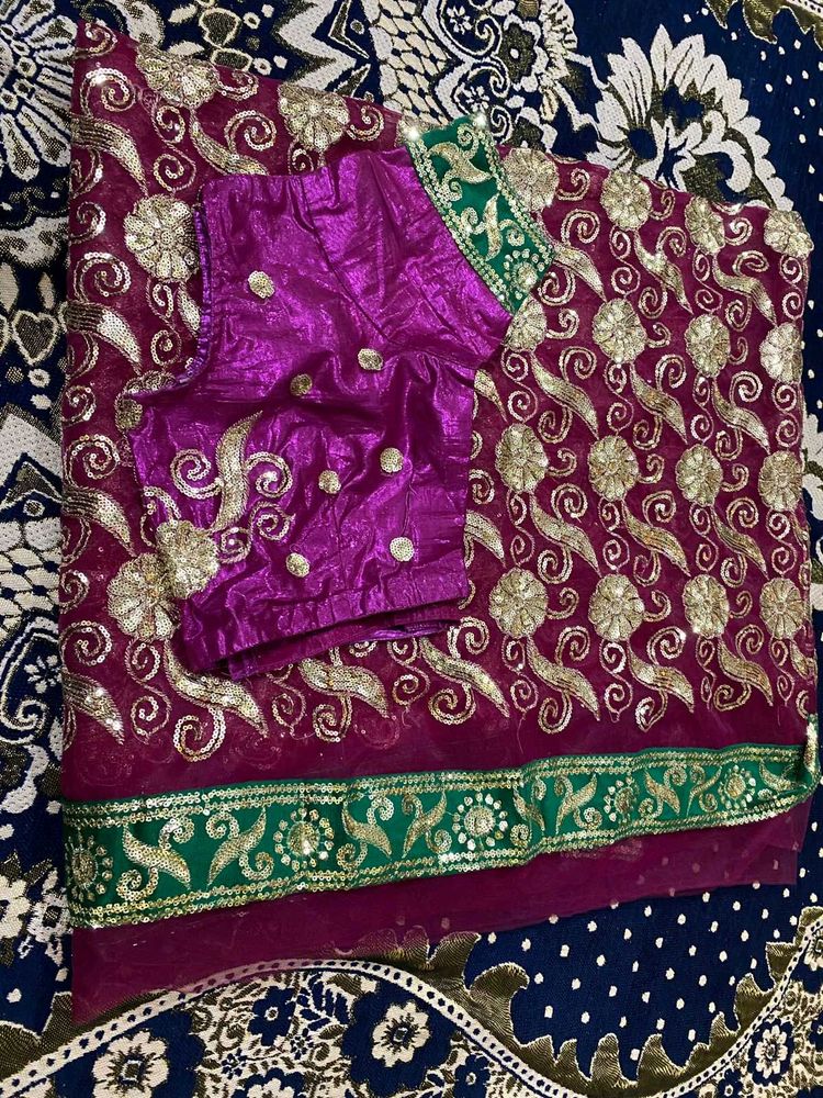 Purple Sequin Sari with Blouse