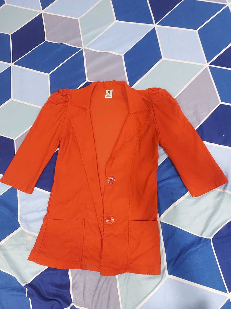 Retro Orange Puff Sleeve Blazer